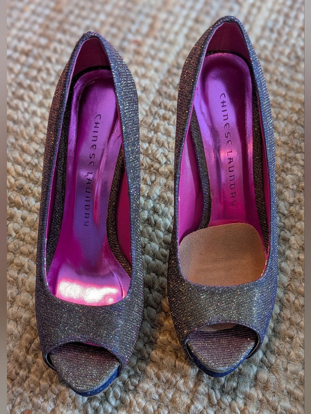 Chinese Laundry Glitter Peep-Toe Pumps in Silver with Pink Metallic Insole